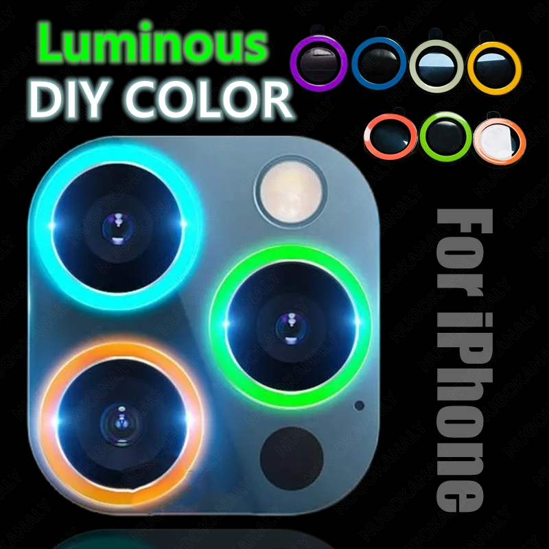 For IPhone 16 Pro Max 15 Pro Max 15 Plus Luminous Back Camera Lens Metal Ring Screen Protector Full Cover Rear Lens Tempered Glass Film Guard for IPhone 15 Plus 14 Pro Max 11 12 13 Mini