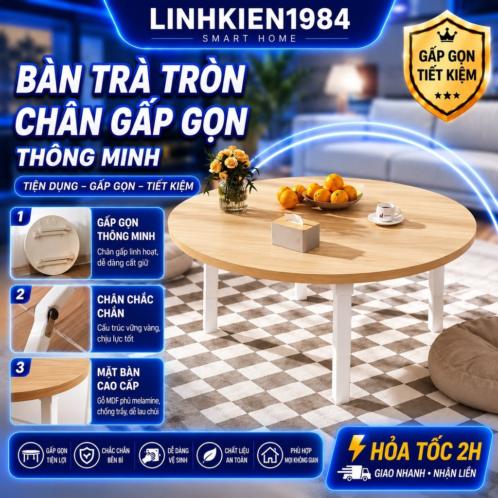 Bàn Trà Tròn Chân Gấp Gọn Thông Minh Gỗ MDF Phủ Melamine – Bàn Sofa Ngồi Bệt, Bàn Cafe Decor Phong Cách Hàn Quốc