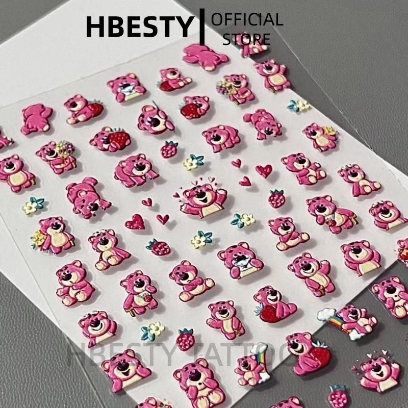 HBESTY Cute Cartoon Pink Berry Bear Nail Art Sticker Floating Three-dimensional 3D Berry Bear Decorative Nail Sticker