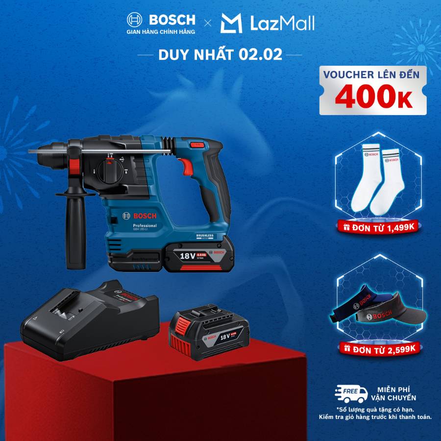 Máy khoan và đục Bosch GBH 185-LI + Bộ Sạc GAL 18V-40 và 1 Pin GBA 4.0Ah