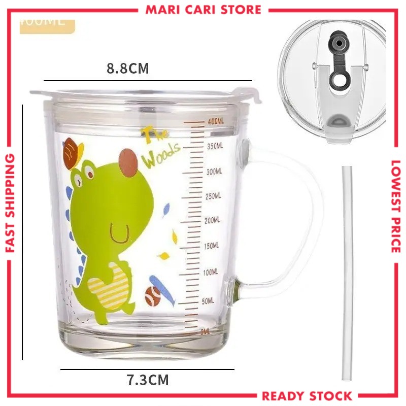 Water Cup Milk Cup With Handle Children Kid Glass Mug With Cover Lid Straw Scale Cartoon Animal Unicorn Glass