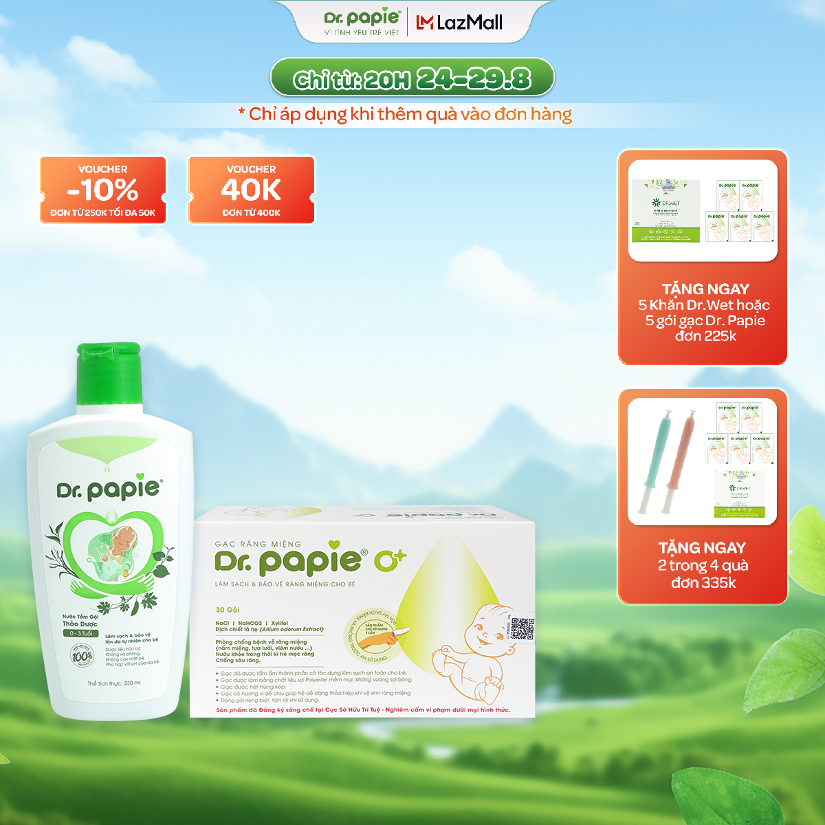 [Voucher 12% + Quà tặng] Combo 1 Nước Tắm Thảo Dược 230ml  Và 1 Gạc Răng Miệng Hộp 30 Gói DR PAPIE Chăm Sóc Sức Khỏe Cho Bé