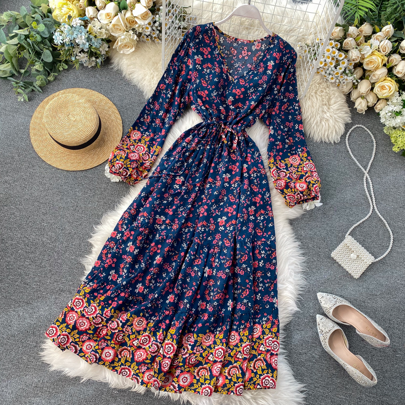 Bohemia Phong Cách Quốc Gia Du Lịch Váy Phong Cách Retro Mốt Thời Thượng In Hoa Cổ Chữ V Dài Tay Bó Eo Tôn Dáng Qua Đầu Gối Đầm Nữ