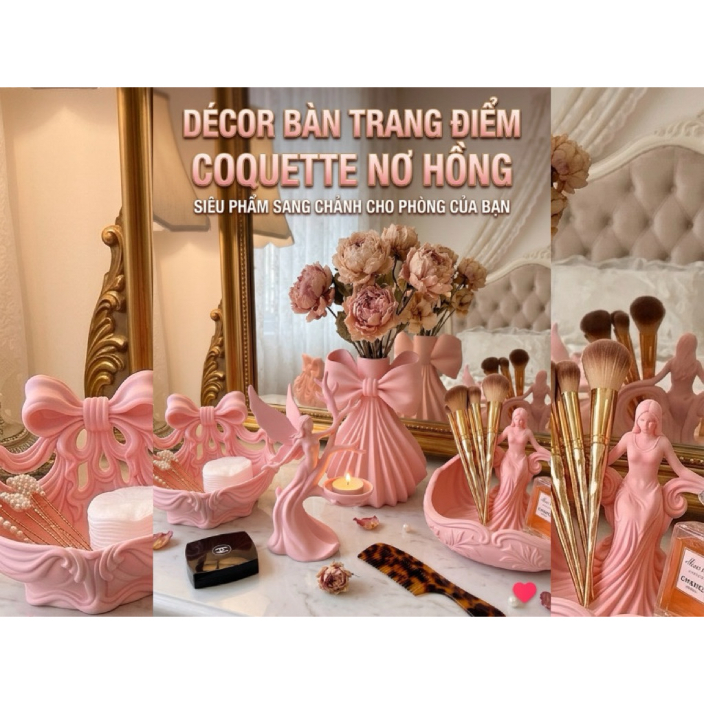 Bộ decor bàn làm việc/trang điểm hồng pastel in 3D