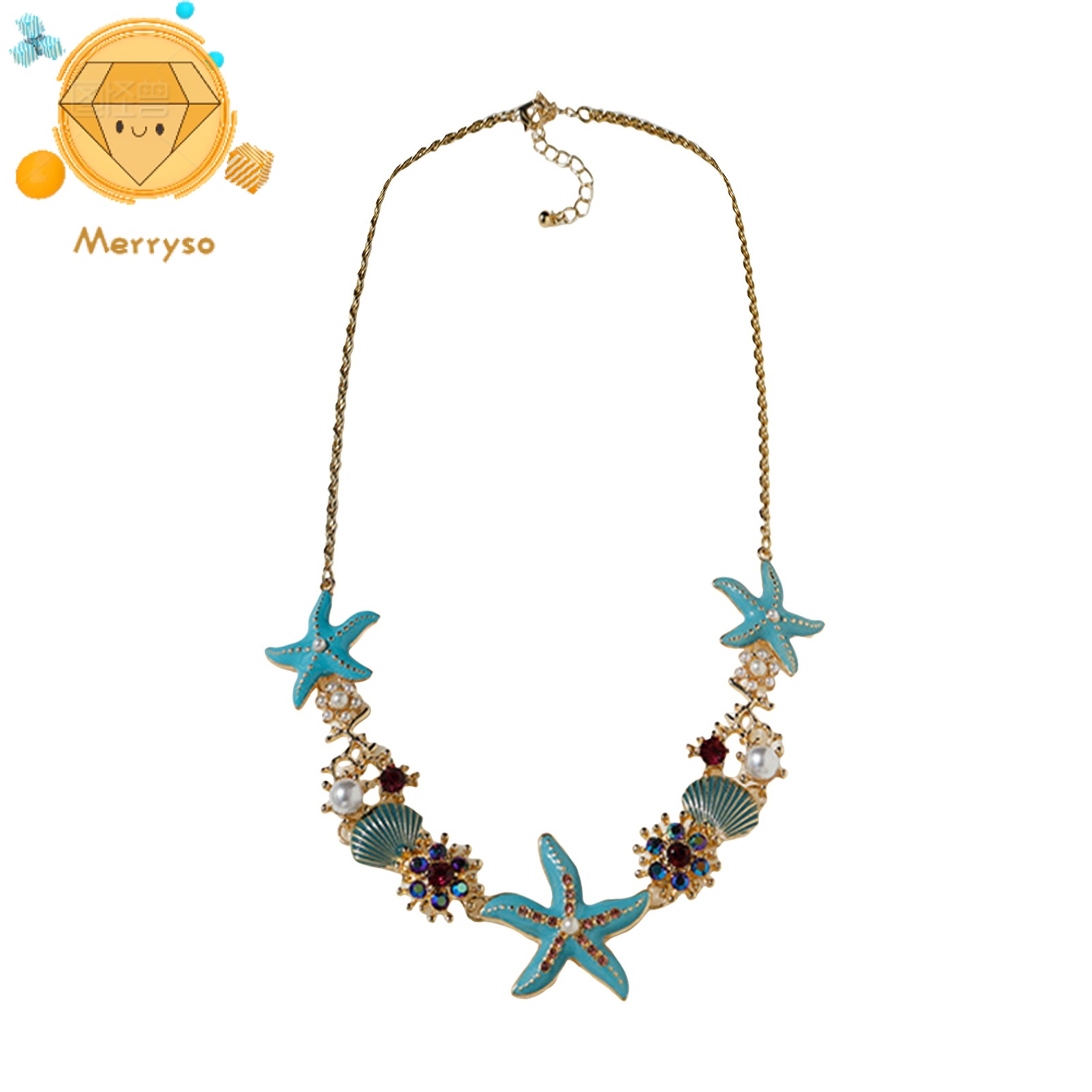 Exaggerated Women Necklace Ocean Theme Starfish Coral Shell Hollow Out Faux Pearl Rhinestone Decor Adjustable Length Lady Vacation Beach Neck Jewelry ราคา 245 บาท*ส่งฟรี