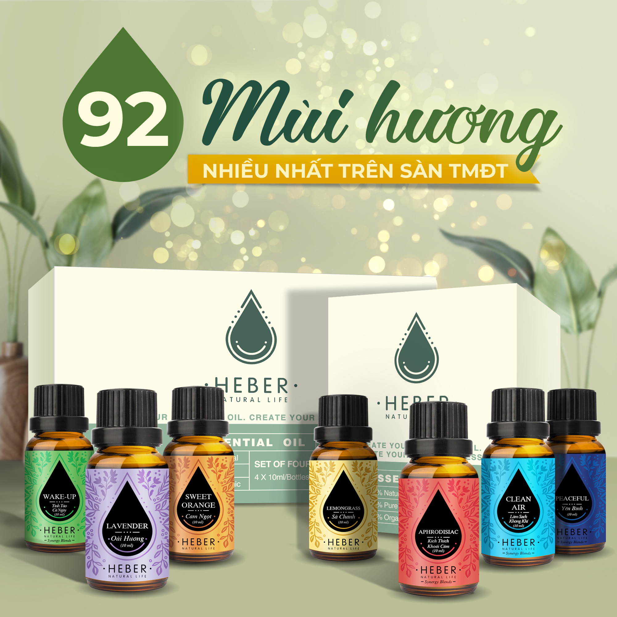 (92 loại) Tinh Dầu Thơm Phòng Heber Vietnam, Cao Cấp Nhập Khẩu, 100% Thiên Nhiên Nguyên Chất, Kiểm Nghiệm Quatest 3, Hương Dịu Nhẹ