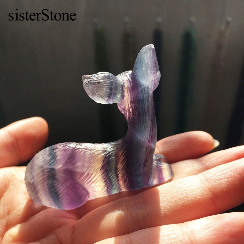 Natural Rainbow fluorite hand carved mini deer 2 quartz crystal healing stones hand carving animal for home decor stones (6)