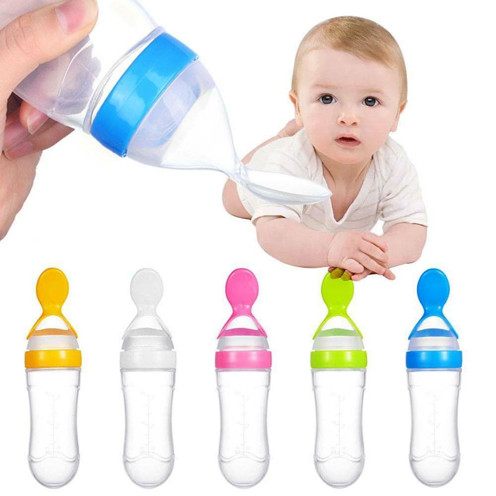 AUTOCL Baby Kid Vắt kiệt Silicone Bình sữa Bình cho ăn Food Rice Feeder Với Muỗng