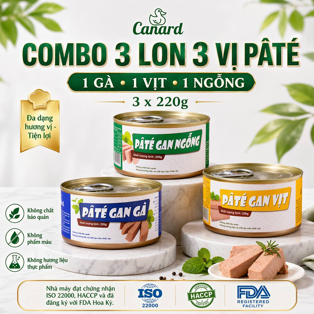 [Combo 3 Lon- 3 Vị] Pate Canard 220g - Gan Gà, Gan Vịt, Gan Ngỗng, Mềm Mịn, Đậm Đà, Công Nghệ Pháp, Không Chất Bảo Quản
