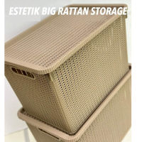 BROWN XL RATTAN WOVEN BASKET STORAGE ORGANIZER PLASTIC WITH COVER W17.5xL12xH11.5inches