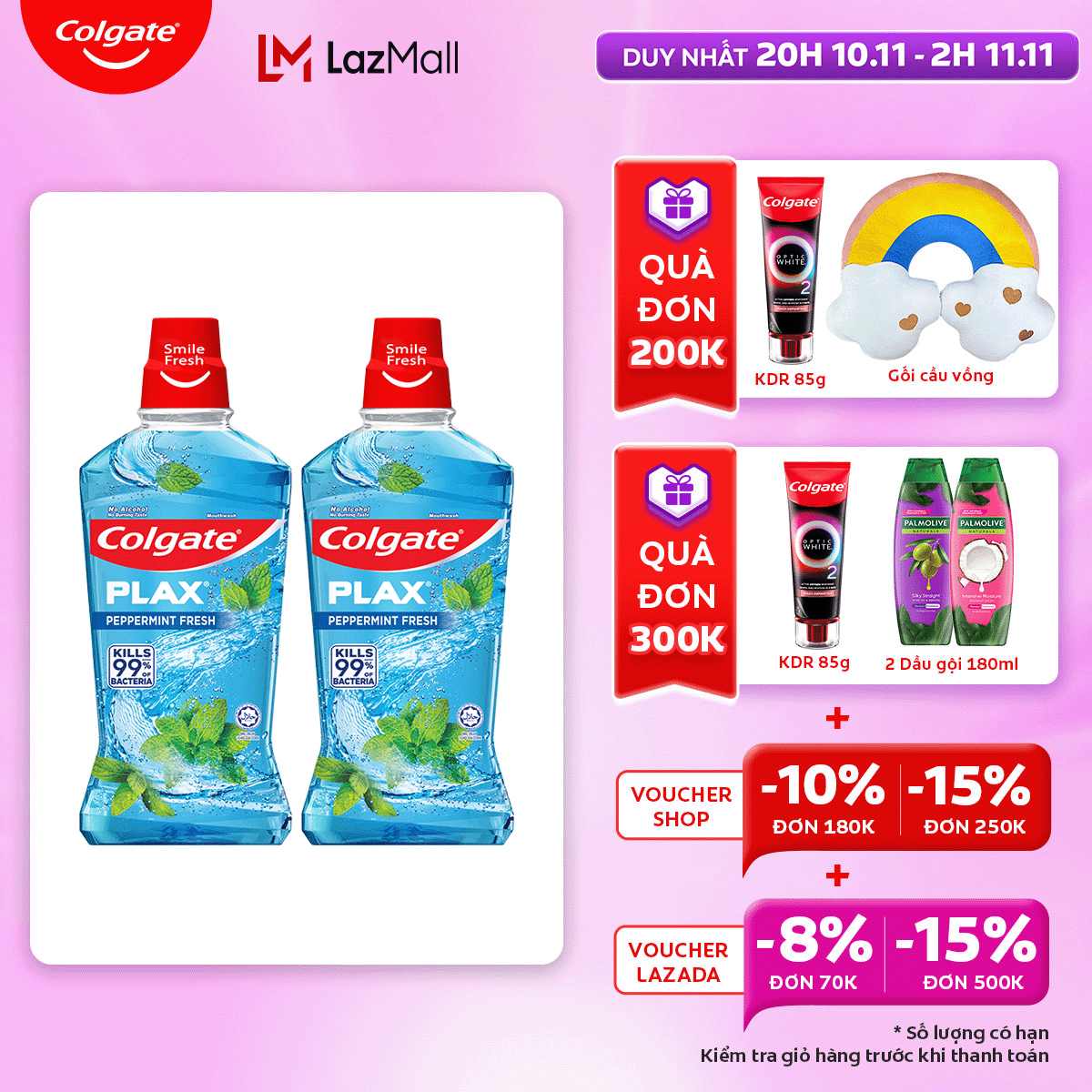 [Chỉ 20H 10.11 - 2H 11.11_Áp Voucher giảm thêm đến 18%]Bộ 2 nước súc miệng Colgate diệt khuẩn, không cồn 500ml/ chai