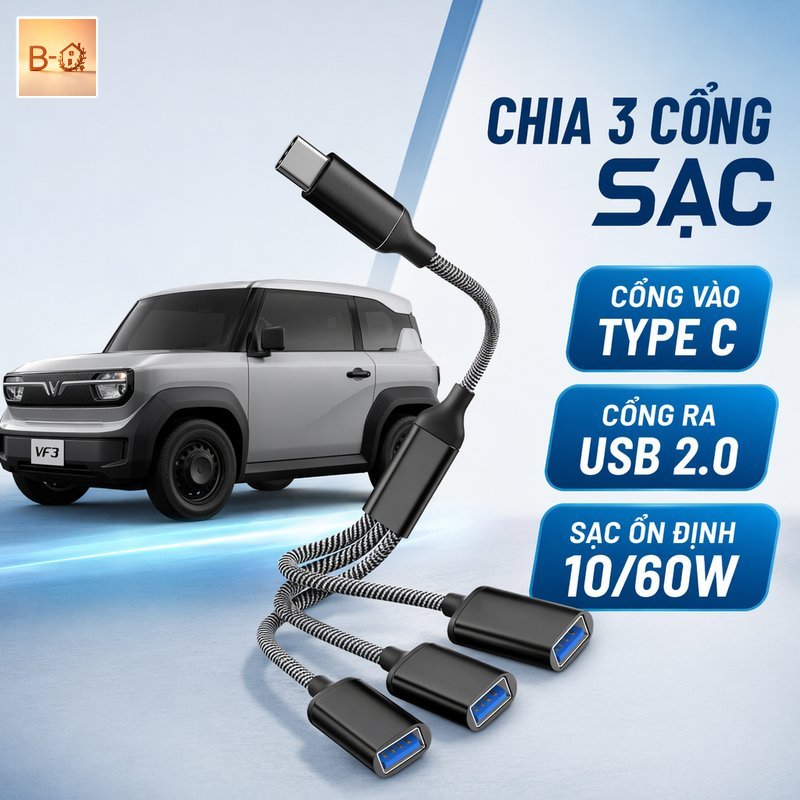 B-HQ Cáp hub Type C chia 3 USB cho Vinfast VF3 sạc nhanh 10W 60W chống rối dây dùng cho ô tô