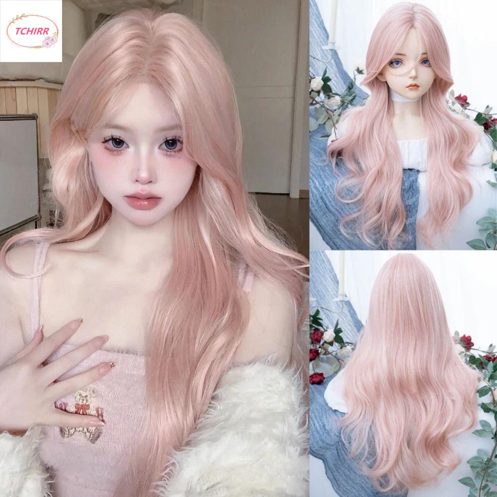 TCHIRR Phần giữa Tóc giả xoăn gợn sóng dài Halloween Chịu nhiệt Tóc giả hóa trang Lolita Bọc toàn bộ đầu Tự nhiên Tóc giả tổng hợp màu hồng nhạt Dành cho Nữ