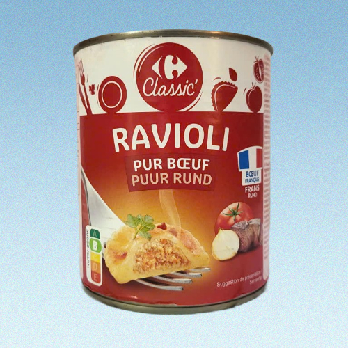 CLASSIC -- LON LỚN 800g -- MÌ RAVIOLI VỚI THỊT BÒ SX PHÁP CARREFOUR Beef Ravioli with Vegetable Sauce