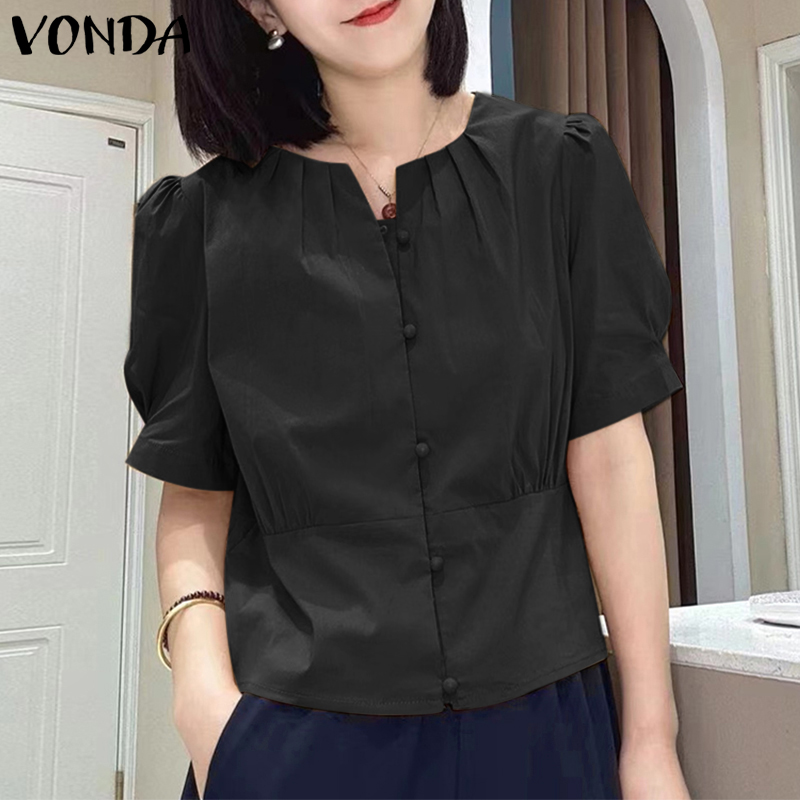 VONDA Womens Elegant Crew Neck Pleated Buttons Shirts Short Sleeve Blouses Tops (Korean Floral)