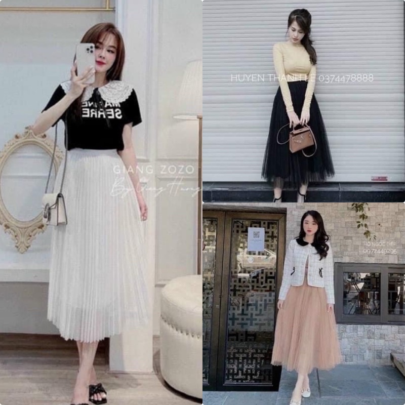 Siêu phẩm chân váy xếp ly dài voan lưới