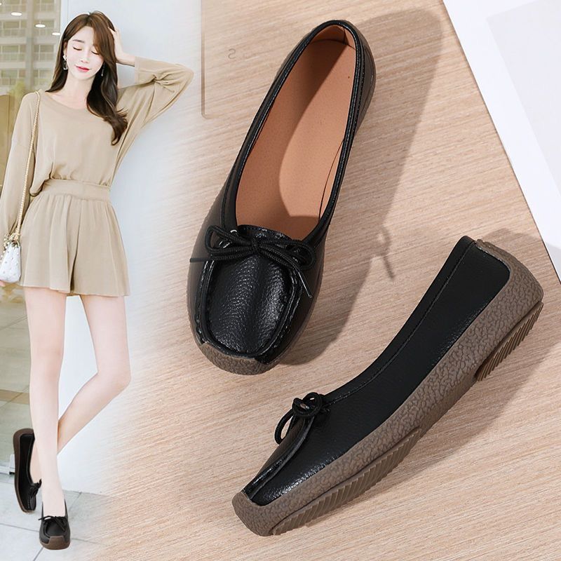 wtMei Genuine Leather Doudou Shoes Women Beef Tendon Sole Single Shoes One Pedal Mother Shoes Casual Flat Shoes