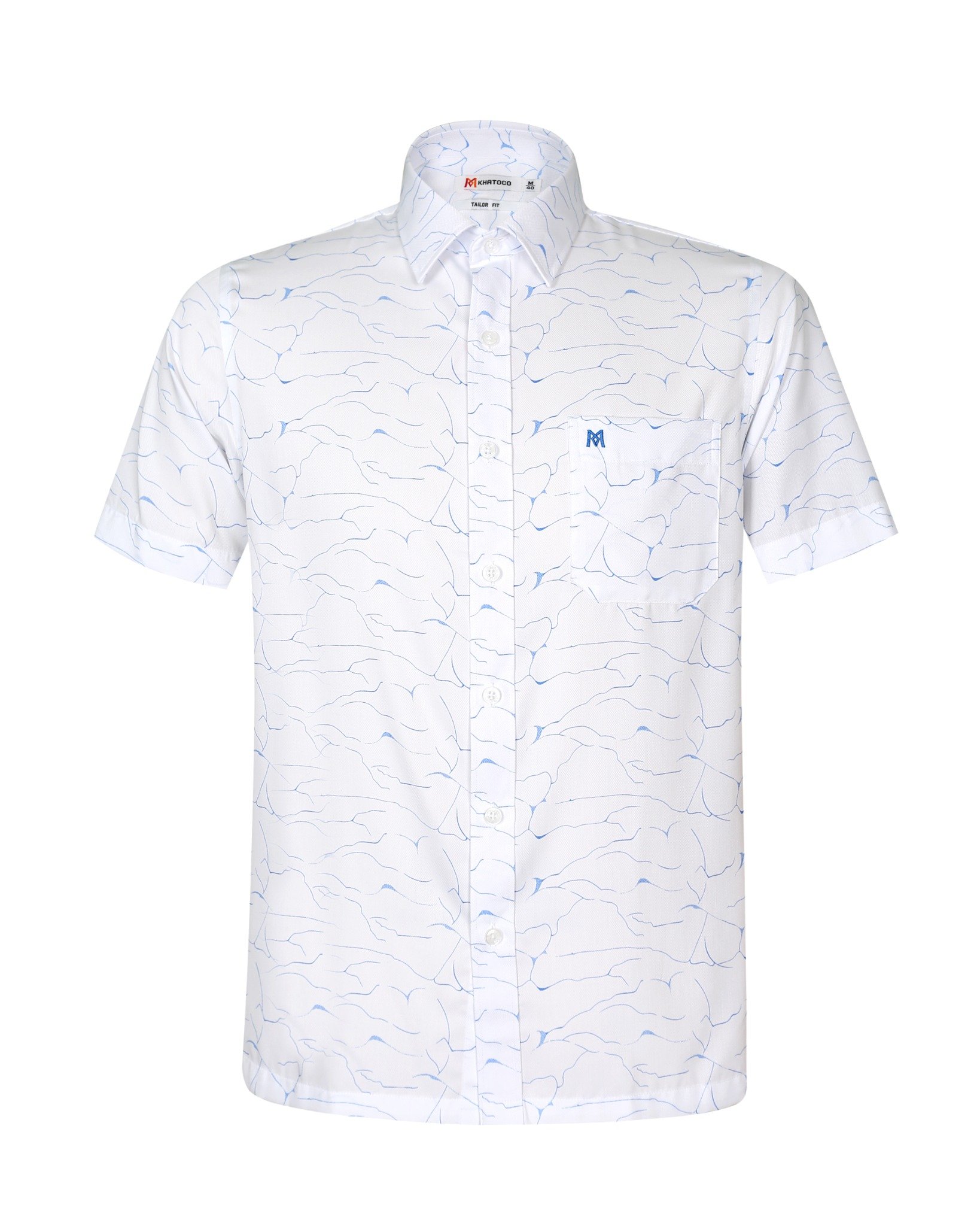 Áo sơ mi ngắn tay Khatoco màu trắng xanh mã A1MN468T2-CNIN367-2505-N