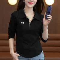 NIkyLundun เสื้อยืดแขนยาวสำหรับฤดูใบไม้ผลิและฤดูใบไม้ร่วงสำหรับผู้หญิงเสื้อยืดทรงหลวมไซส์ใหญ่มีซิปเสื้อโปโลใส่แล้วดูผอมเพรียวสำหรับคุณแม่