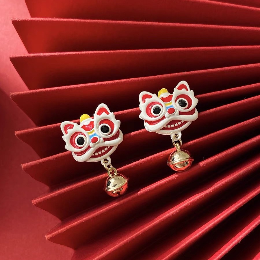 Red Lion Stud Earrings Chinese New Year Celebration Joyous 2024 New Chinese Style Earrings New Year 925 Silver Pin Earrings Women