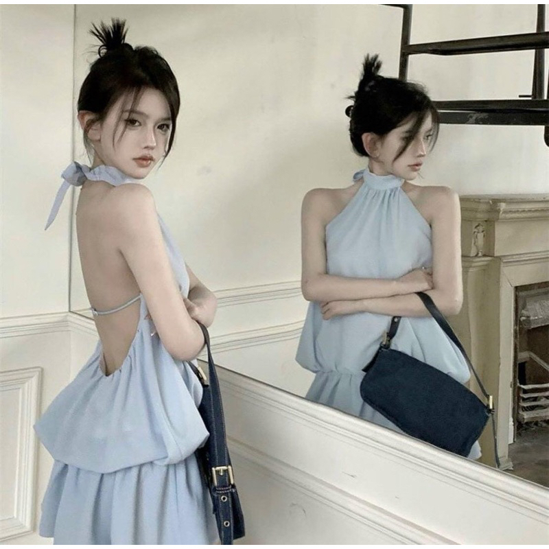  Set áo cổ yếm liền váy xoè bí cột dây hở lưng và quần short 