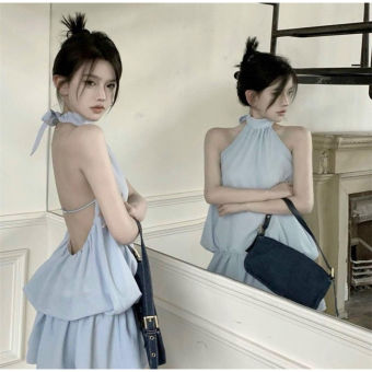 Set áo cổ yếm liền váy xoè bí cột dây hở lưng và quần short