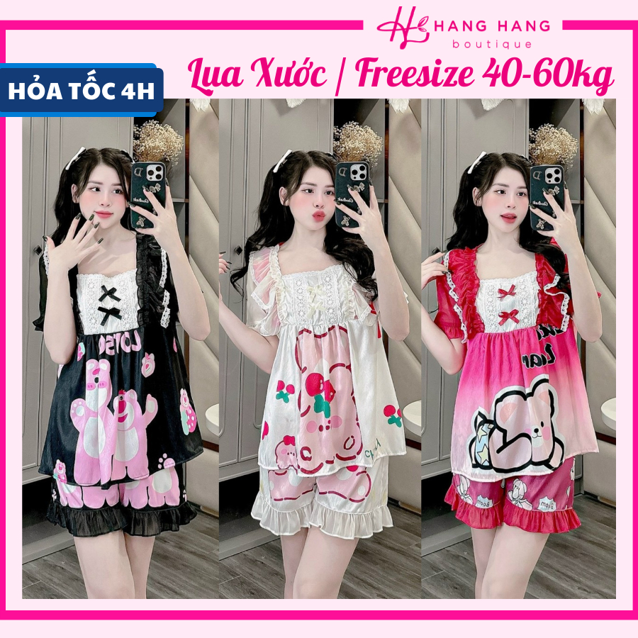Bộ đồ ngủ cỡ nhỏ 40-60kg, đồ bộ nữ pijama đùi ngắn tay voan cổ vuông trắng lụa xước, đồ ngủ lụa tiểu thư mặc nhà cute
