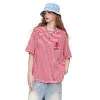 ELFSACK Vintage Red Striped T-Shirt Oversized Printed Loose Tee Cute Short Sleeve Top for Womens Summer Outfit