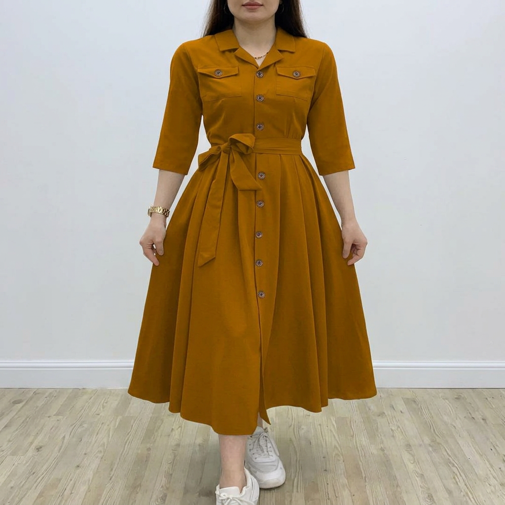 1 Piece Double Pocket Frock In Linen Stuff – Ready Made Frock For Girls & Women – Frock + Belt – Available In Multicolor - New Fashion Year 2026