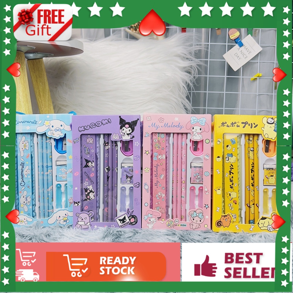 Sanrio Stationery Set Anime Cartoon Hello Kitty Cinnamoroll Kuromi My  Melody Pencil Rubber Ruler Pencil Sharpener Holiday Gifts