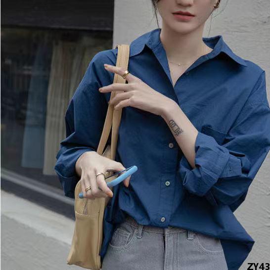 Áo sơ mi vintage phong cách Hồng Kông ins Áo sơ mi nữ thiết kế giản dị màu sắc đồng mùa xuân thu, áo thời trang, phong cách xanh Pháp, kích thước nhỏ