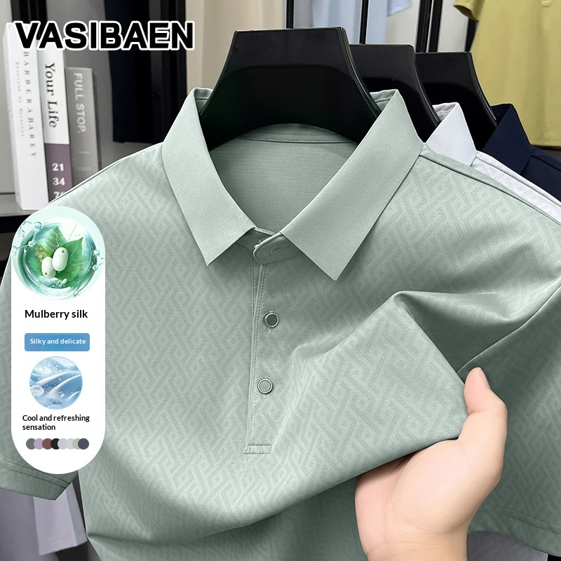 VASIBAEN Men's Polo Shirt Ice Silk Cool Casual Business Lapel T-shirt High Quality Comfortable Soft Mulberry Silk Polo Short Sleeve Ironing-Free