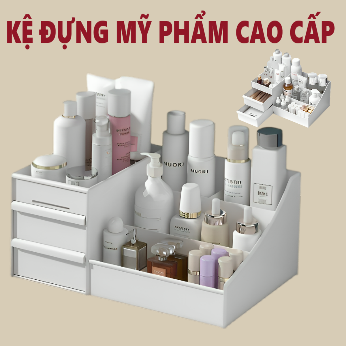 Kệ Đựng Mỹ phẩm đồ dùng để bàn, 3 tầng 2 ngăn kéo tiện dụng, Đựng mỹ phẩm, đồ makeup, decor bàn, phòng ngủ
