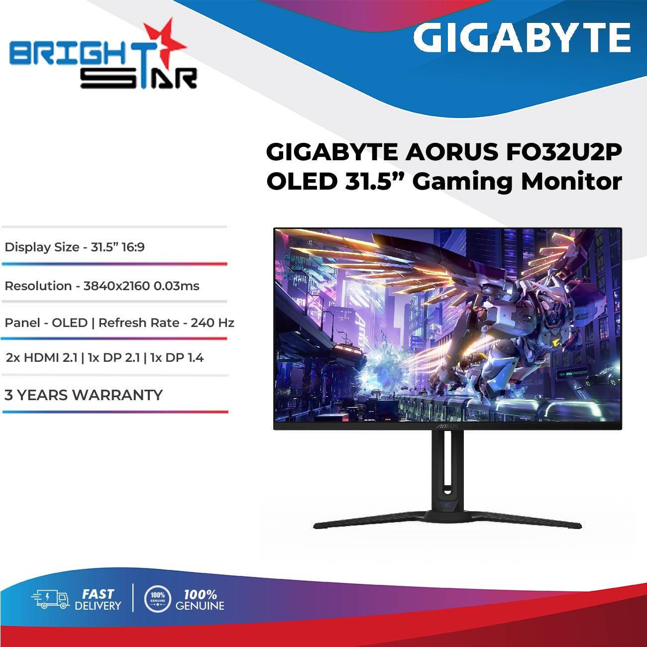 GIGABYTE AORUS FO32U2P 31.5" OLED 4K Gaming Monitor (240Hz/0.03ms/2x HDMI/2x DP/1x Type-C/VESA)