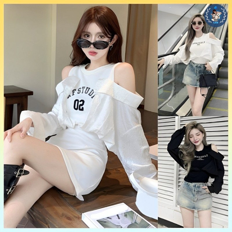 Áo len nữ phối sơ mi trễ vai kiểu dáng độc đáo năng động - l2m