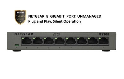 NETGEAR 8-Port Gigabit Ethernet Unmanaged Switch (GS308) - Desktop, Sturdy Metal Fanless Housing