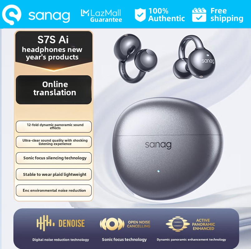SANAG S7S Ai Bone Conduction Bluetooth Headset Ear Clip Concept Open Wireless In-Ear Hearing Protection Sport Running Call Noise Cancelling Wireless Headset Online Translation HiFi Level Sound Quality 48H battery life ราคา 6,361 บาท*ส่งฟรี