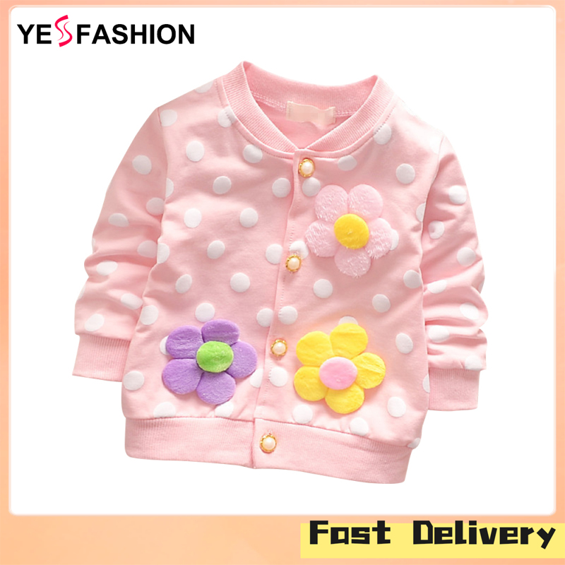 Yesfashion Store IN stockBaby Girls Jacket Cotton Polka Dot Flower Sticker Candy Color V-neck Cardigan Coat ราคา 165 บาท*ส่งฟรี