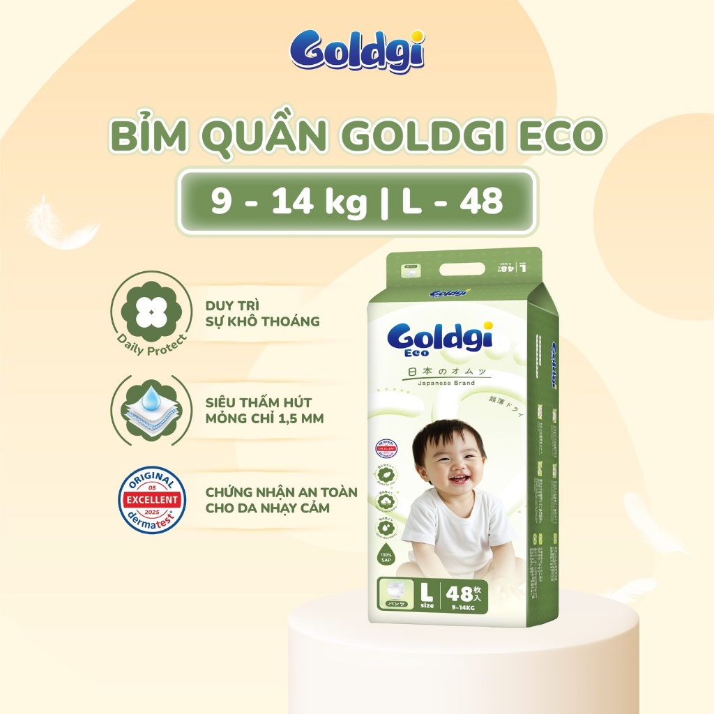 Bỉm quần Goldgi Eco mỏng nhẹ, siêu khô thoáng tiết kiệm cho mẹ, bảo vệ bé mỗi ngày