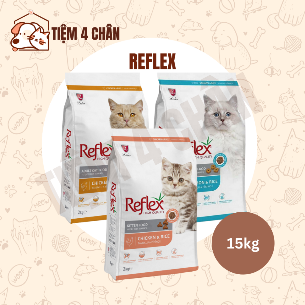 Bao 15kg Thức ăn khô hạt Reflex cho mèo con và mèo trưởng thành các vị