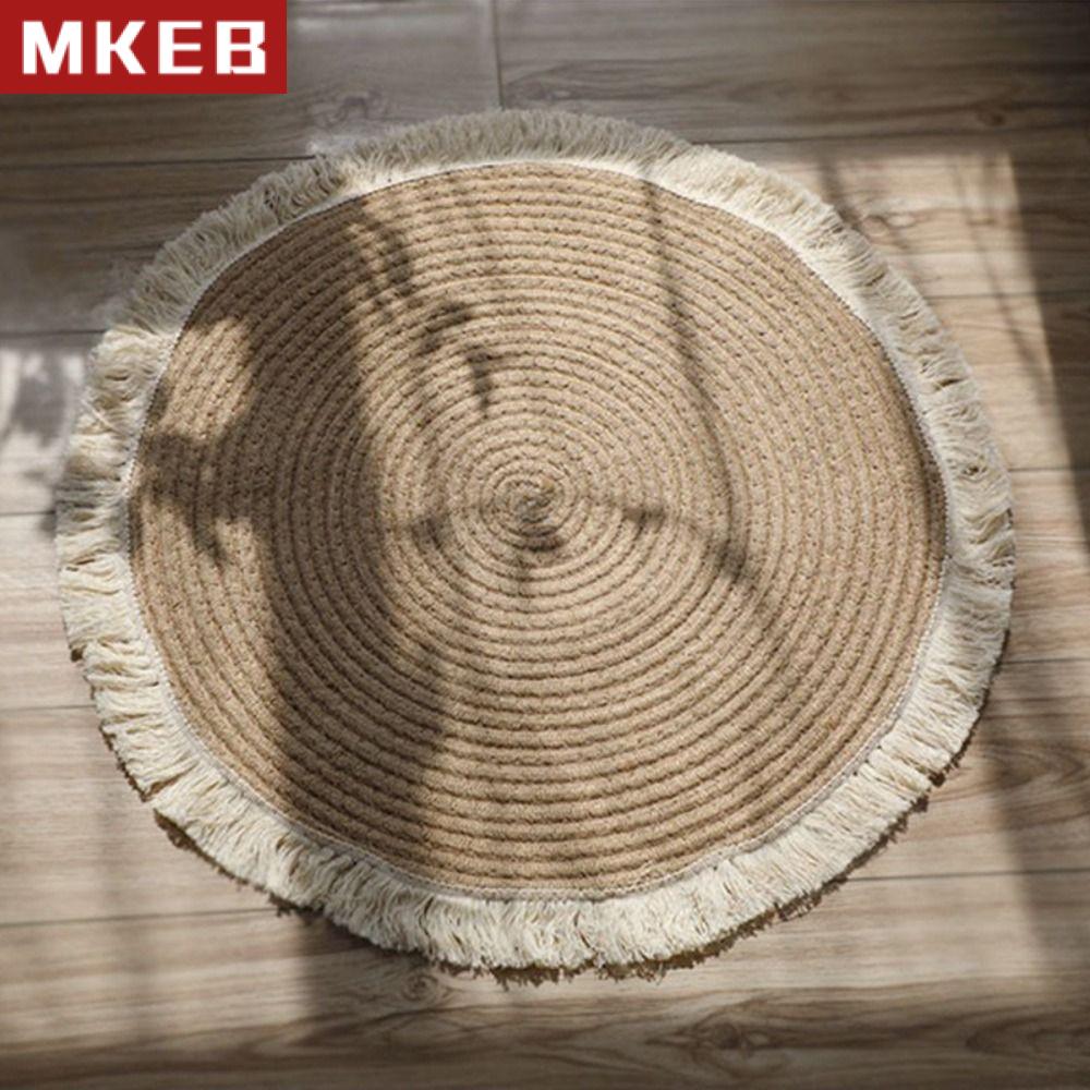 MKEB MALL Tua rua Thảm dệt dây cotton Phong cách tự nhiên Dệt thủ công Thảm sàn tròn Mềm Chống trượt Thảm trải sàn Phòng ngủ
