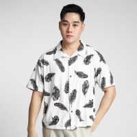 EL FELIPE Javier Men Oversized Ultra Boxy Cropped Stretch Button-Down Polo in White with Black Feather Pattern
