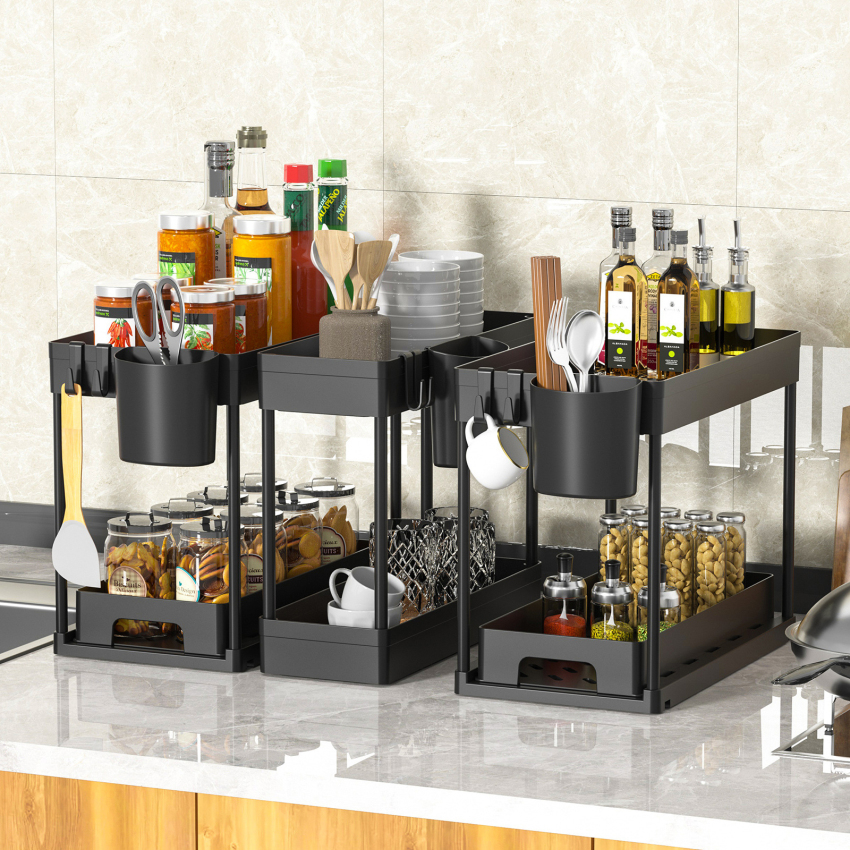 3-Pack Under Sink Organizer, 2 Tier Multi-Purpose Large Capacity Kitchen Under Sink Organizers And Storage Easy Access Sliding Storage Drawer With Hooks And Hanging Cup For Bathroom Under Sink ราคา 1,372 บาท*ส่งฟรี