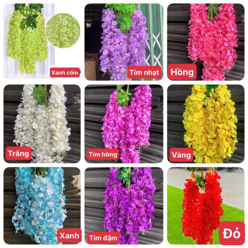 Hoa Tử Đằng Giả, Hoa trang trí Combo 12 cành, chất liệu vải lụa cao cấp, cành hoa dài 110cm, gồm 3 nhánh nhiều hoa