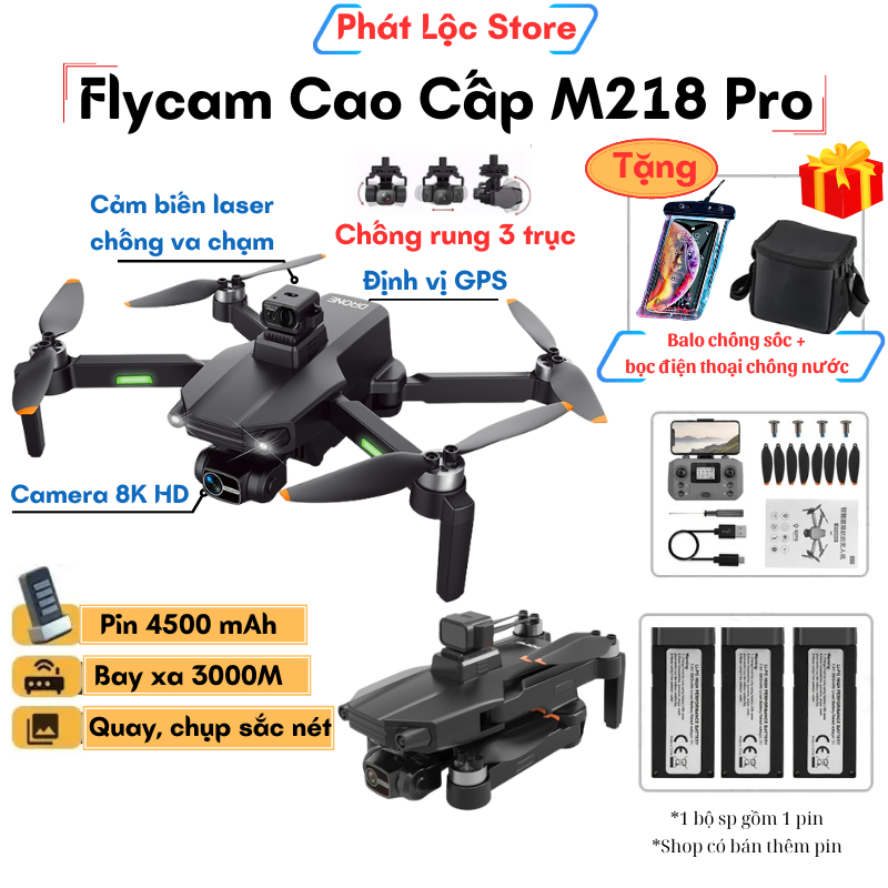 Flycam camera full HD siêu nét, Plycam M218 pro max tốt hơn Drone K998 Max có G.P.S pin trâu 3500 bay 30 phút