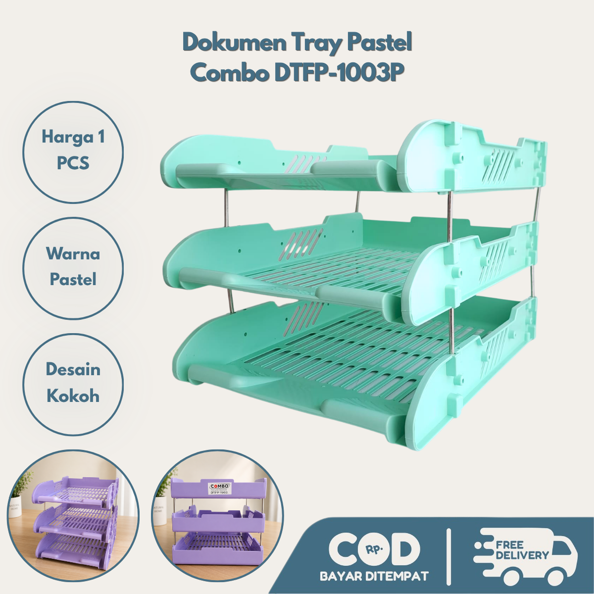 Rak Dokumen 3 Susun Pastel Combo DTFP-1003P | Document Tray 3 Layer Desktop Organizer File Holder Letter Tray Kantor Sekolah