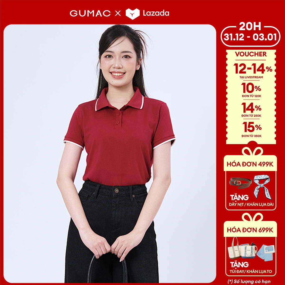   1.1 - 3.1| Voucher 10-15%  Áo thun nữ polo nữ màu hồng - tím thời trang GUMAC có cổ đẹp thiết kế trơn cơ bản PLE03028 