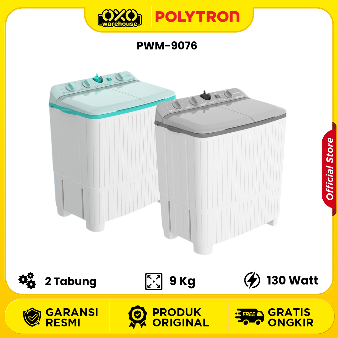 POLYTRON Mesin Cuci 2 Tabung 9 KG Samba Series Hijab - PWM 9076 Garansi Resmi Twin Tube Murah Terbaik Pengering Stainless