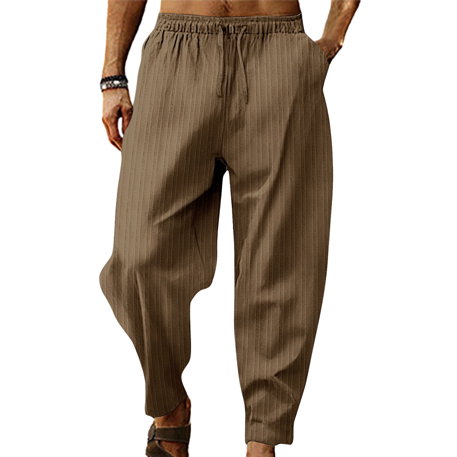 UHH Straight Leg Trousers Mid Waist Trousers Men's Casual Drawstring Sweatpants Elastic Waist Wide Leg Loose Fit Soft Breathable Sports Pants Striped Solid Color Deep Crotch Comfortable for Everyday - 2