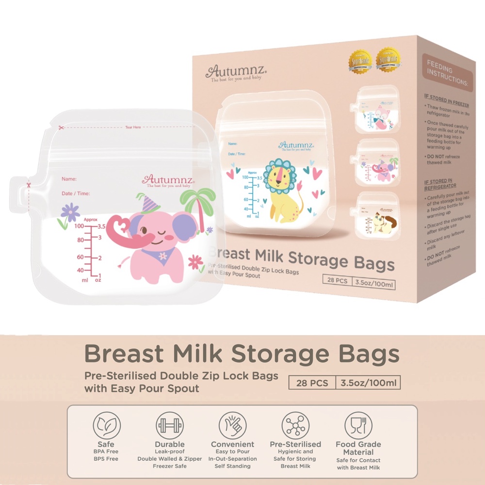 Autumnz Double Ziplock Breast Milk Storage Bags with Thermal Sensor 3.5oz/5oz/7oz/10oz/12oz - (28pcs/BOX) Baby Phoebe Autumnz Storage Bag Breastmilk Breastfeeding Plastic Simpan Susu Badan